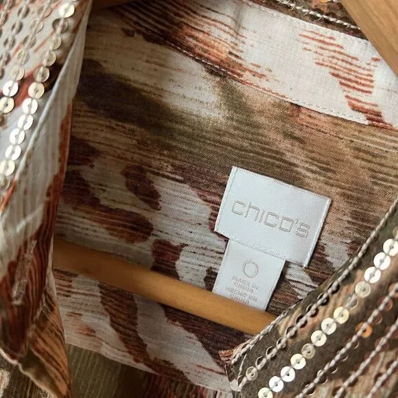 Chico's 0 Joceline Top Long Sleeve Shirt Button Sequin Collar Zebra Animal Chic - Picture 4 of 12